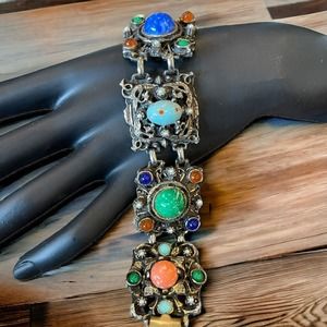 VTG Victorian Entruscan Revival Glass Cabochon Stones Chunky Panel Bracelet